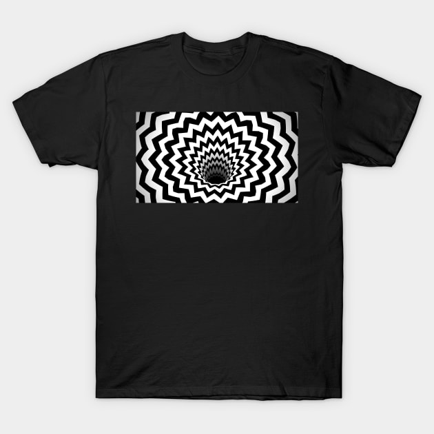 Optical Illusion Black Hole Zig Zag Chevron (Black/White) T-Shirt by BJORLIE